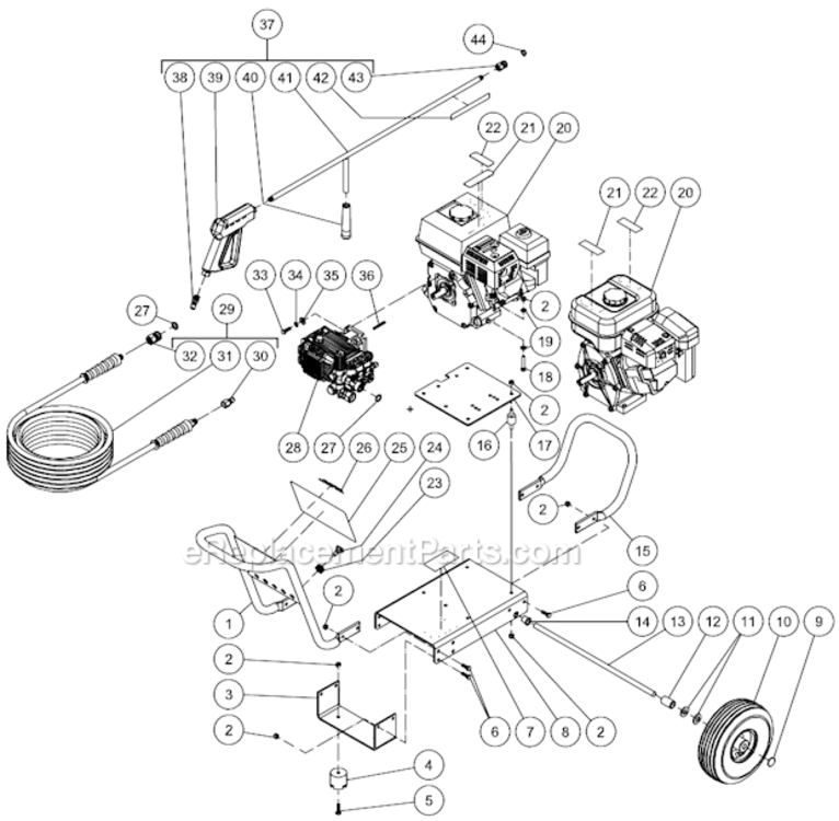 Frame Assembly Diagram and Parts List for CA-2703-8MRB  Mi-T-M Pressure Washer