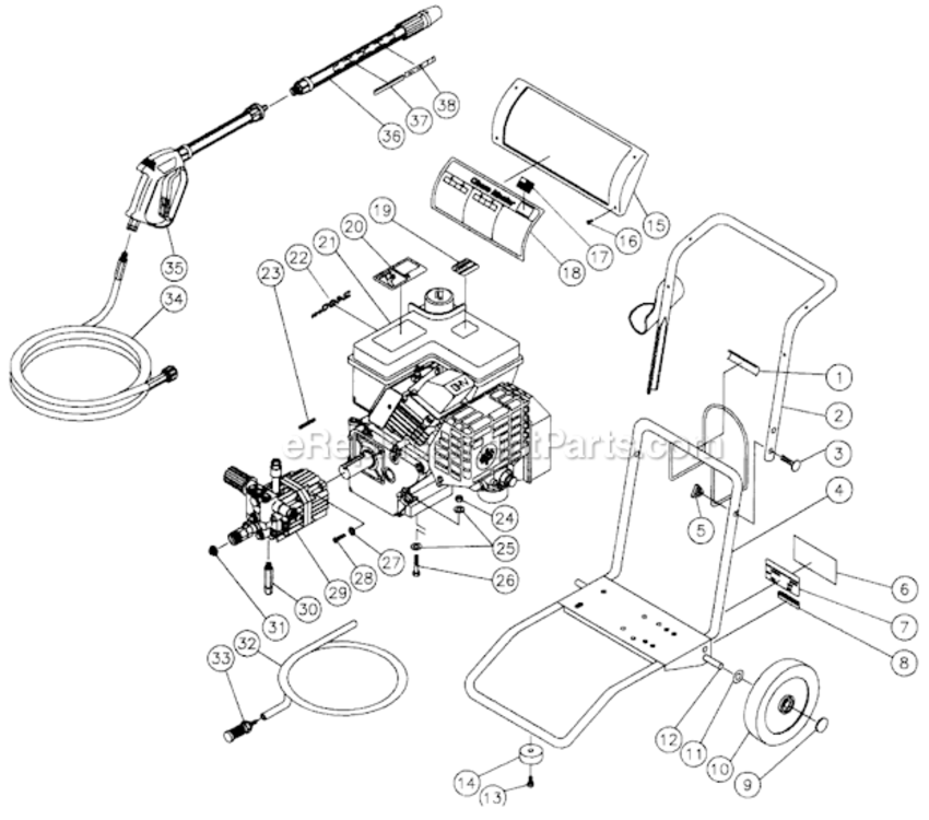 Frame Assembly Diagram and Parts List for CM-2400-0MTC  Mi-T-M Pressure Washer