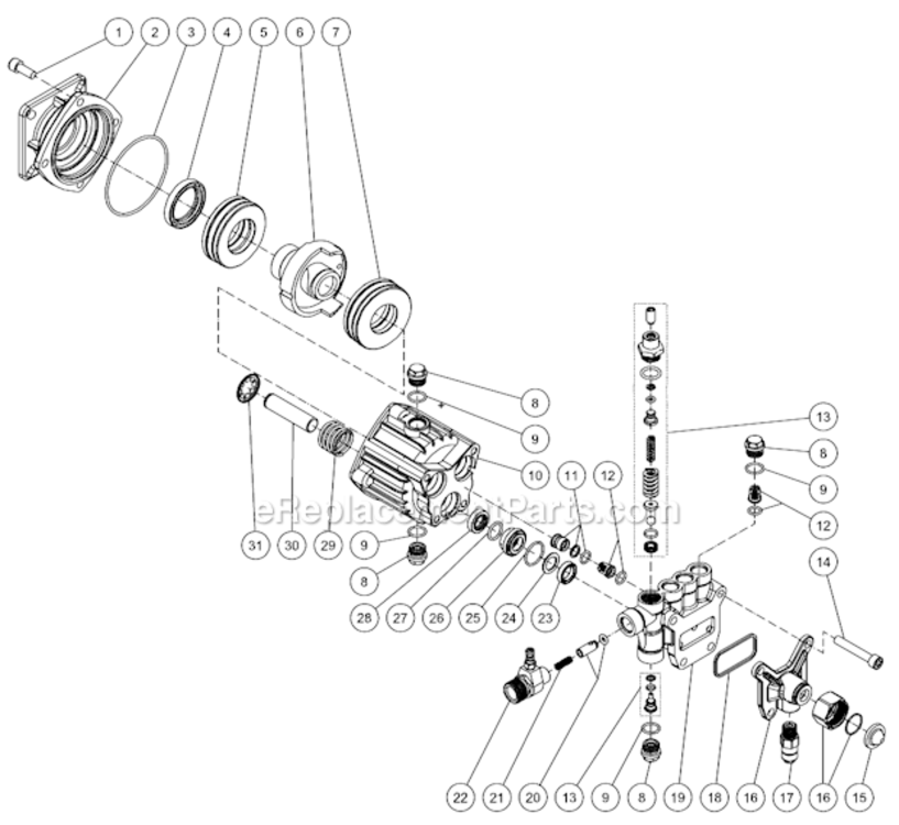Pump Assembly Diagram and Parts List for CM-2600-0MLB-C  Mi-T-M Pressure Washer
