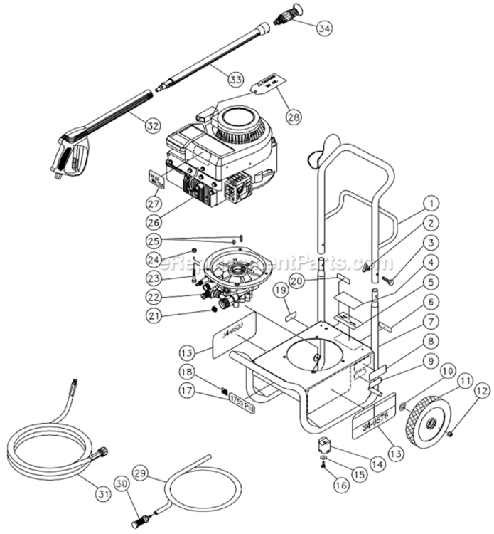 Frame Assembly Diagram and Parts List for CV-1750-1JBC  Mi-T-M Pressure Washer