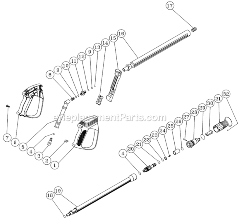 Gun And Lance Assembly Diagram and Parts List for CV-1750-1JBC  Mi-T-M Pressure Washer