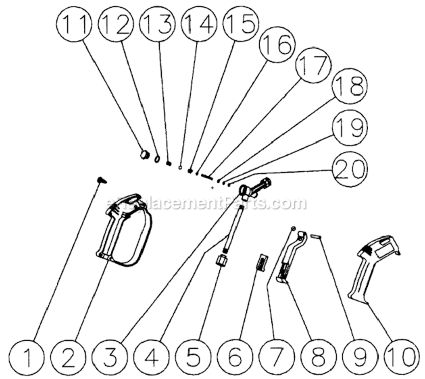 Gun Assembly Diagram and Parts List for CV-2000-0MBC  Mi-T-M Pressure Washer