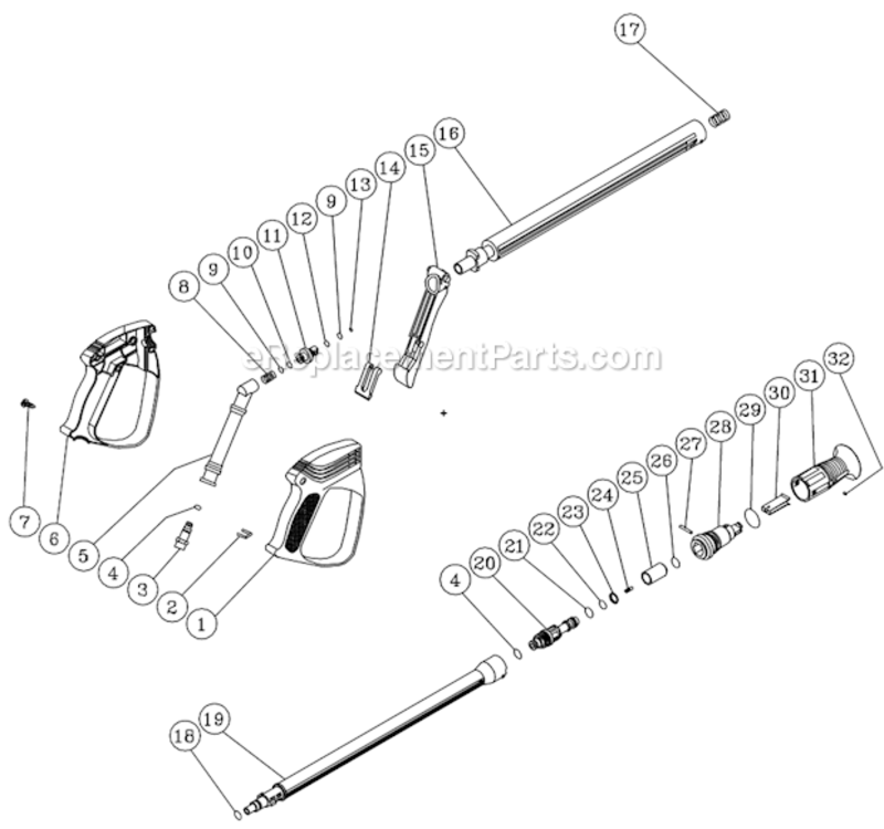 Gun And Lance Assembly Diagram and Parts List for CV-2000-1CBC  Mi-T-M Pressure Washer