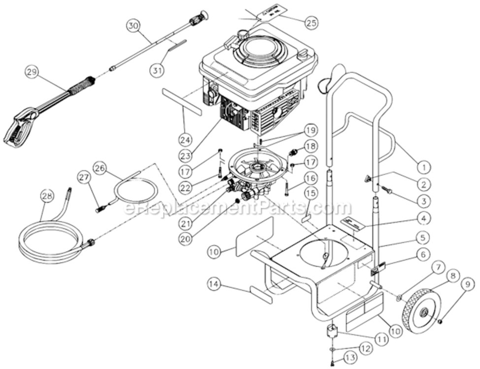 Frame Assembly Diagram and Parts List for CV-2000-2MBC  Mi-T-M Pressure Washer