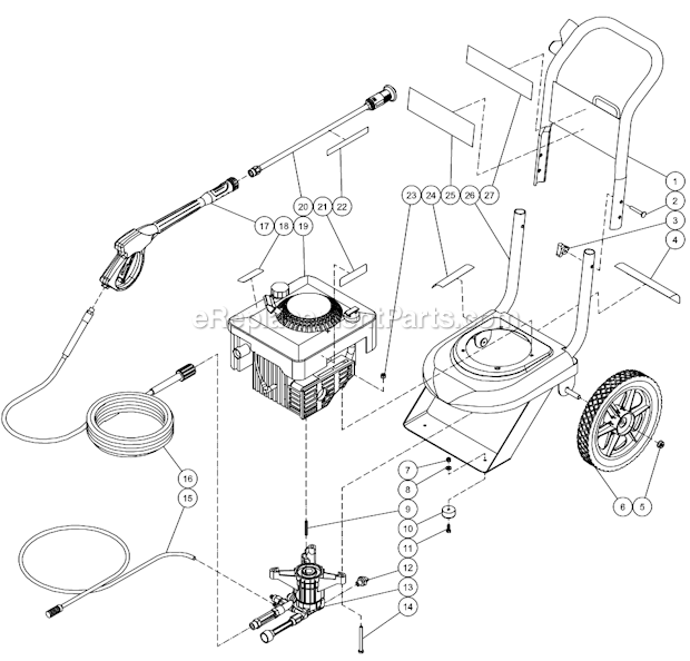 Frame Assembly Diagram and Parts List for CV-2400-4MBC  Mi-T-M Pressure Washer