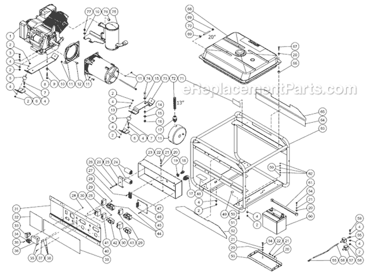 Frame Assembly Diagram and Parts List for GEN-6000-0MH0  Mi-T-M Generator