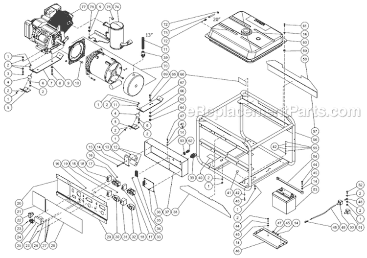 Frame Assembly Diagram and Parts List for GEN-7500-0MHE  Mi-T-M Generator