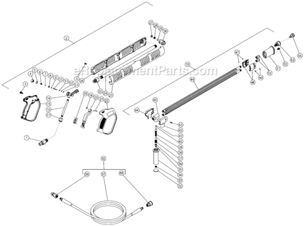 Gun/Wand And Dual Lance Assembly Diagram and Parts List for HS-2204-CMH1  Mi-T-M Pressure Washer