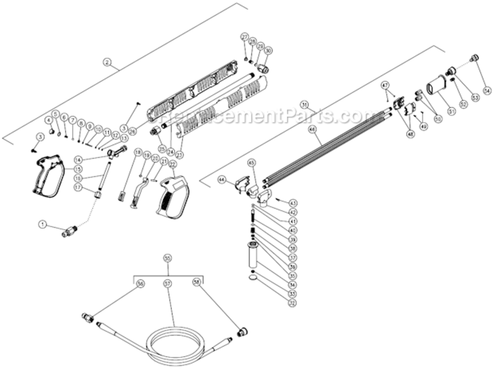 Gun/Wand And Dual Lance Assembly Diagram and Parts List for HS-3005-CMV1  Mi-T-M Pressure Washer