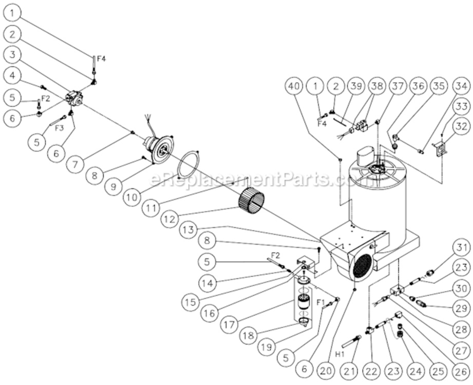 Heat Exchanger/ Blower Motor Diagram and Parts List for HSE-1002-SM10  Mi-T-M Pressure Washer