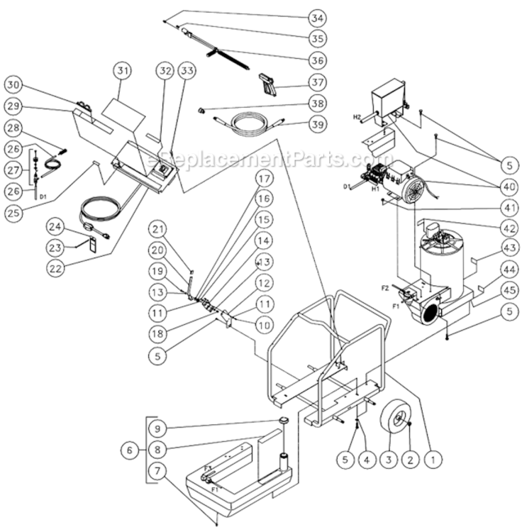 Frame Assembly B Diagram and Parts List for HSE-1002-SM10  Mi-T-M Pressure Washer