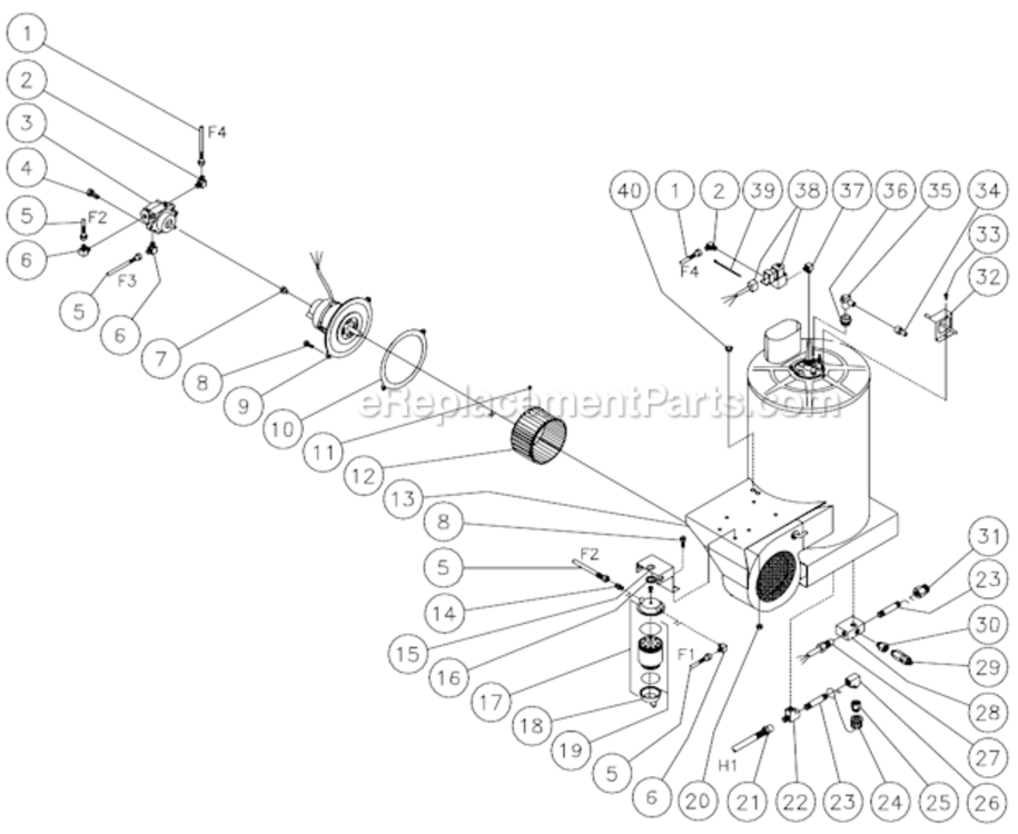 Heat Exchanger/Blower Motor Diagram and Parts List for HSE-2003-0M10  Mi-T-M Pressure Washer