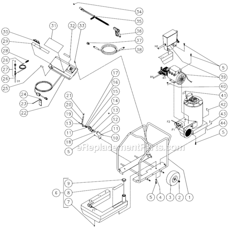 Frame Assembly B Diagram and Parts List for HSE-2003-0M10  Mi-T-M Pressure Washer