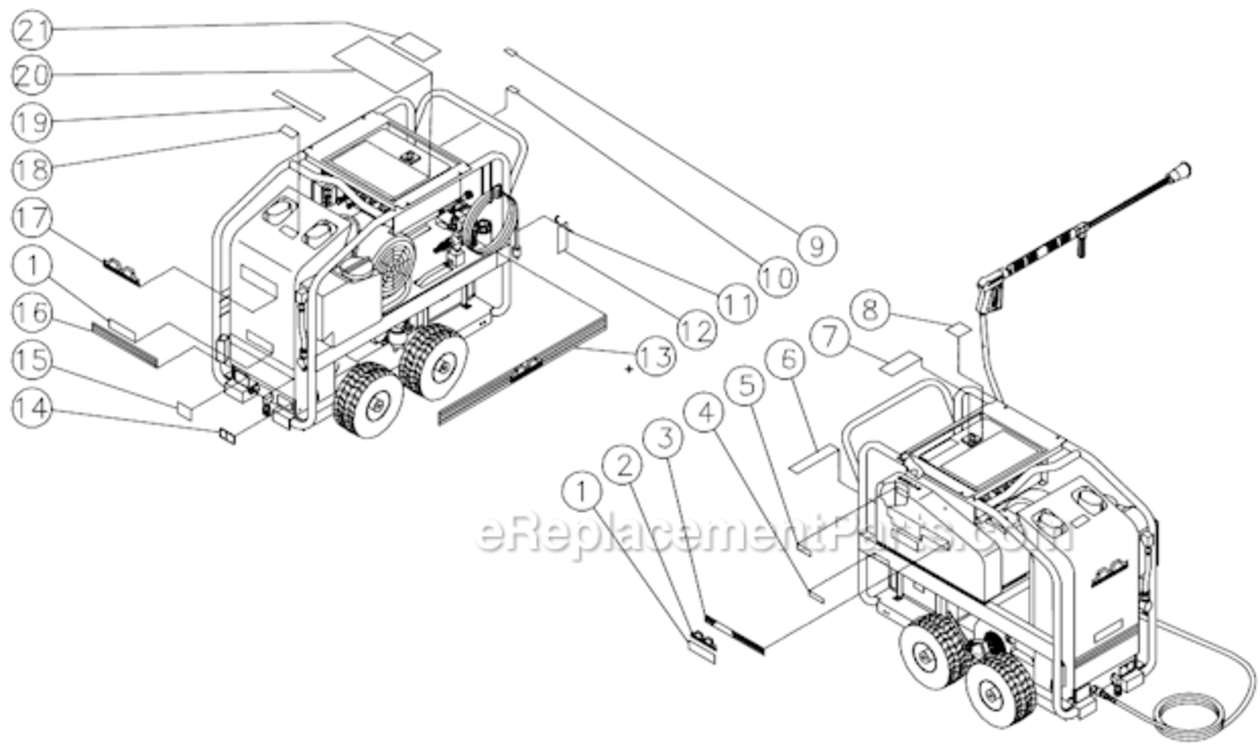 Safety Decal Placement Diagram and Parts List for HSE-2504-0M30  Mi-T-M Pressure Washer