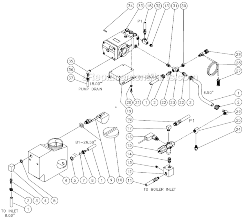 Float Tank/Pump/Unloader Assembly Diagram and Parts List for HSE-2504-0M30  Mi-T-M Pressure Washer
