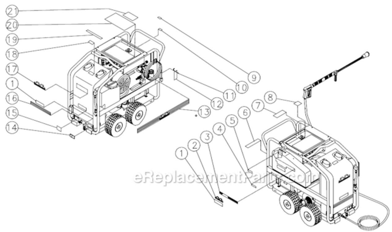 Safety Decal Placement Diagram and Parts List for HSE-3004-0M30  Mi-T-M Pressure Washer