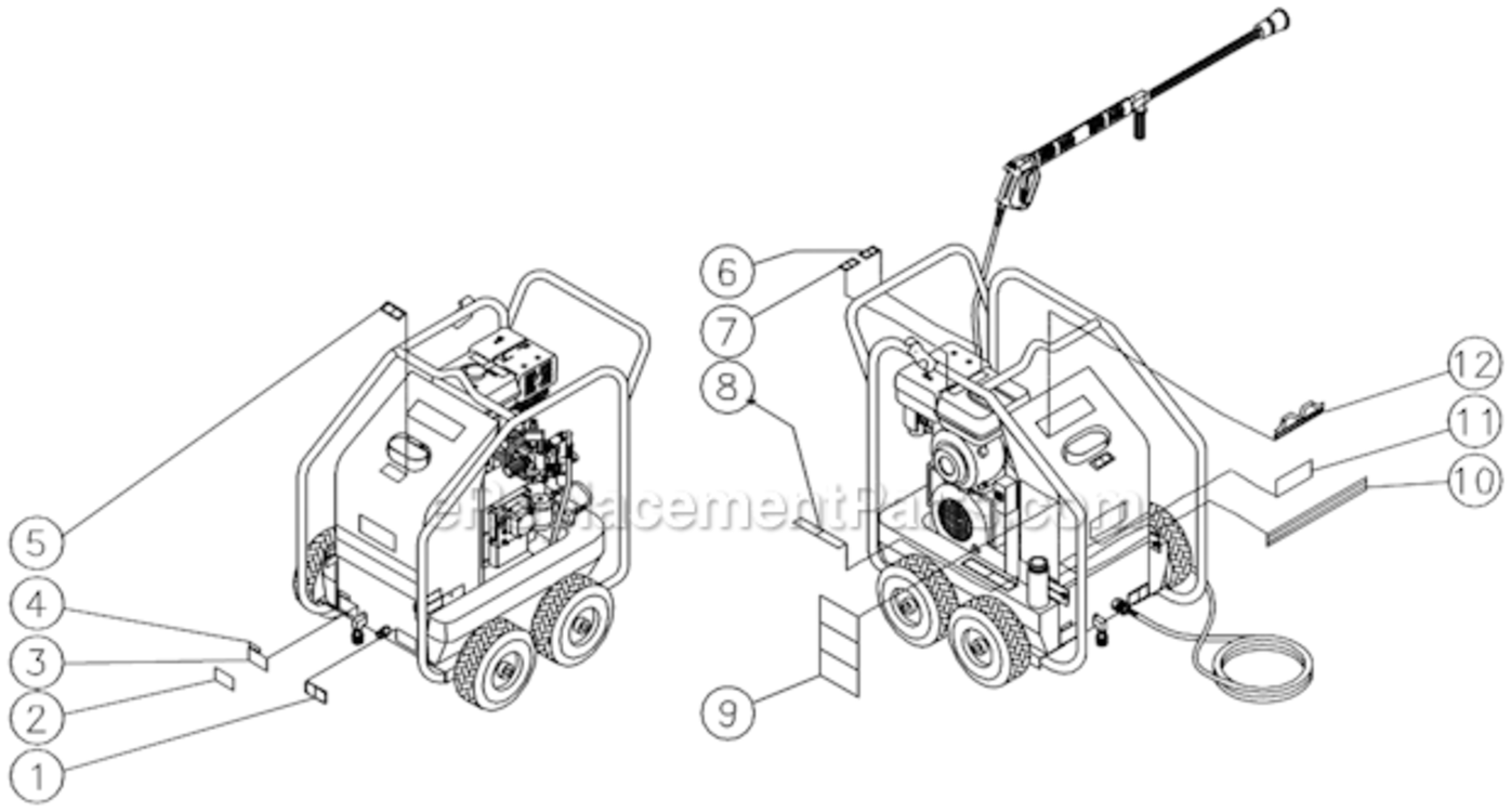 Decal Placement Diagram and Parts List for HSP-2003-0MGV  Mi-T-M Pressure Washer