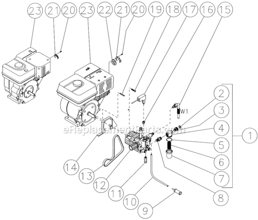 Engine/Pump Assembly Diagram and Parts List for HSP-2003-0MGV  Mi-T-M Pressure Washer