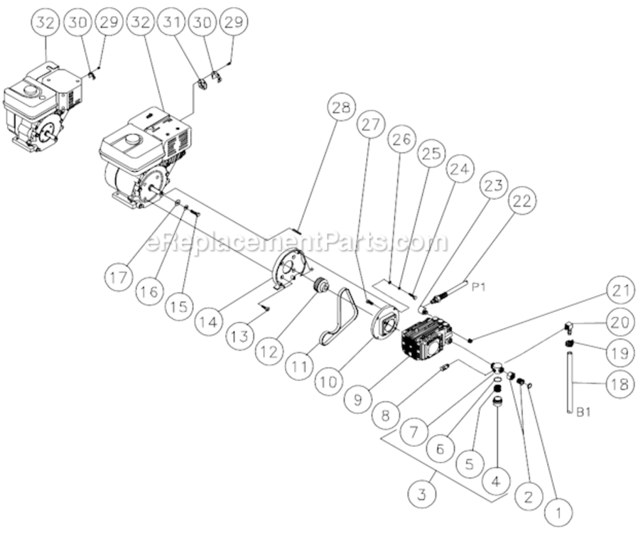 Engine/Pump Assembly Diagram and Parts List for HSP-2003-3MGV  Mi-T-M Pressure Washer