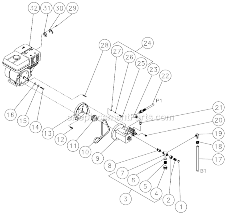 Engine/Pump Assembly Diagram and Parts List for HSP-2403-1MGH  Mi-T-M Pressure Washer