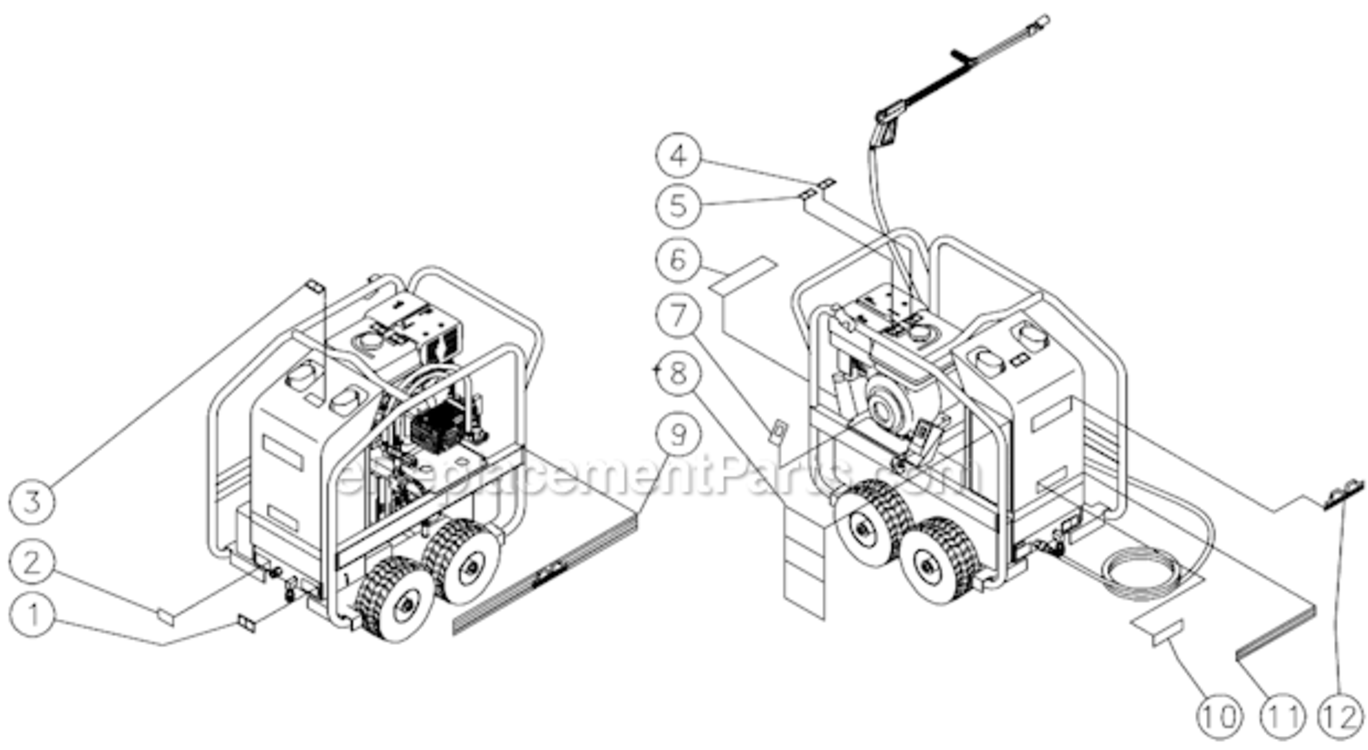 Decal Placement Diagram and Parts List for HSP-3003-3MGH  Mi-T-M Pressure Washer