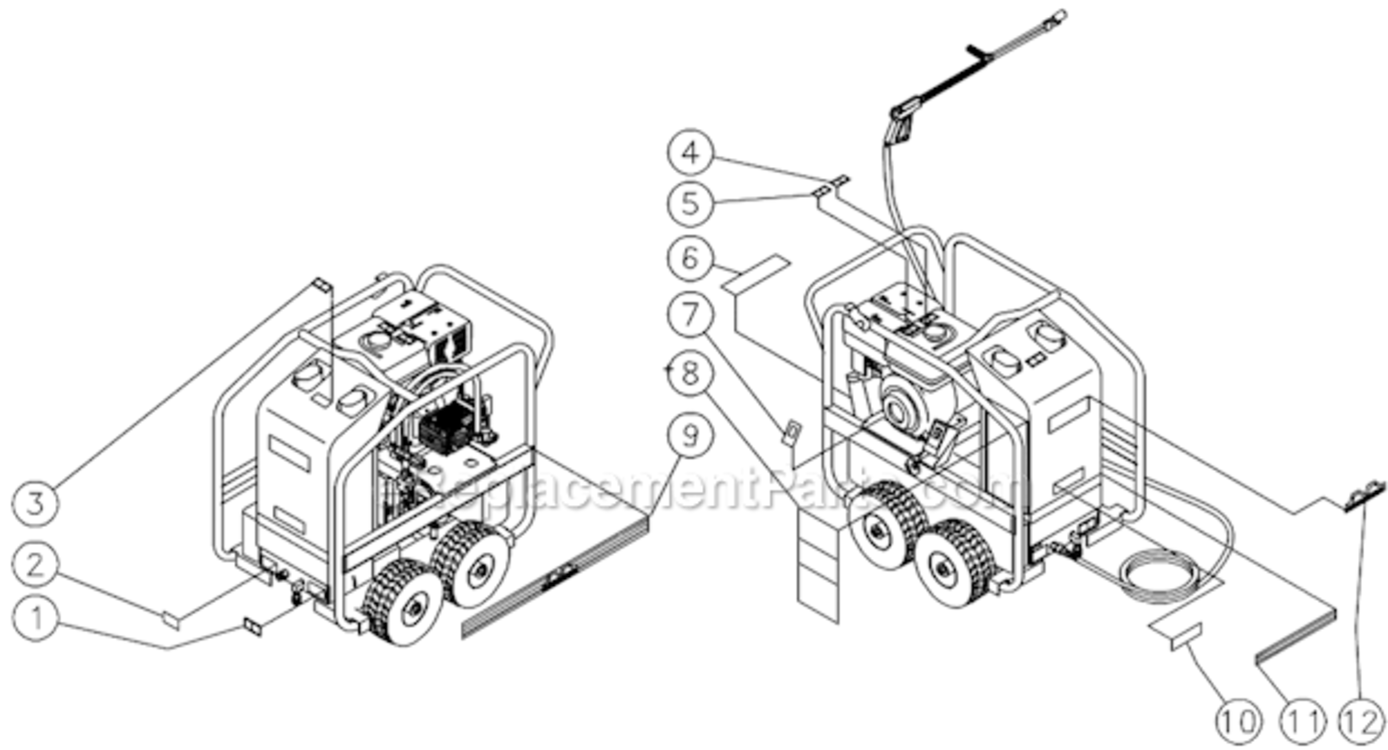 Decal Placement Diagram and Parts List for HSP-3003-3MGR  Mi-T-M Pressure Washer