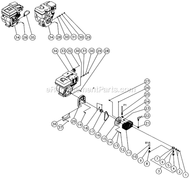 Engine/ Pump Assembly Diagram and Parts List for HSP-3003-3MGR  Mi-T-M Pressure Washer