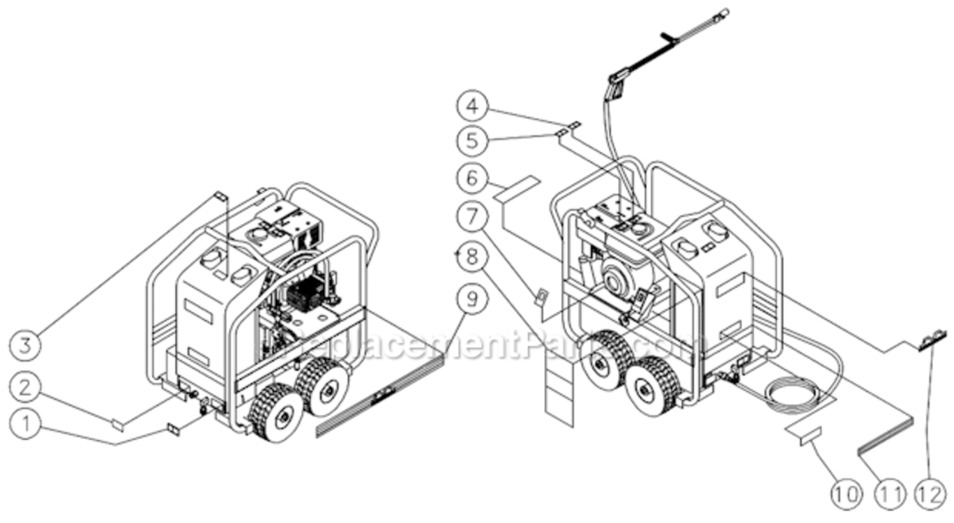Decal Placement Diagram and Parts List for HSP-3003-3MGV  Mi-T-M Pressure Washer