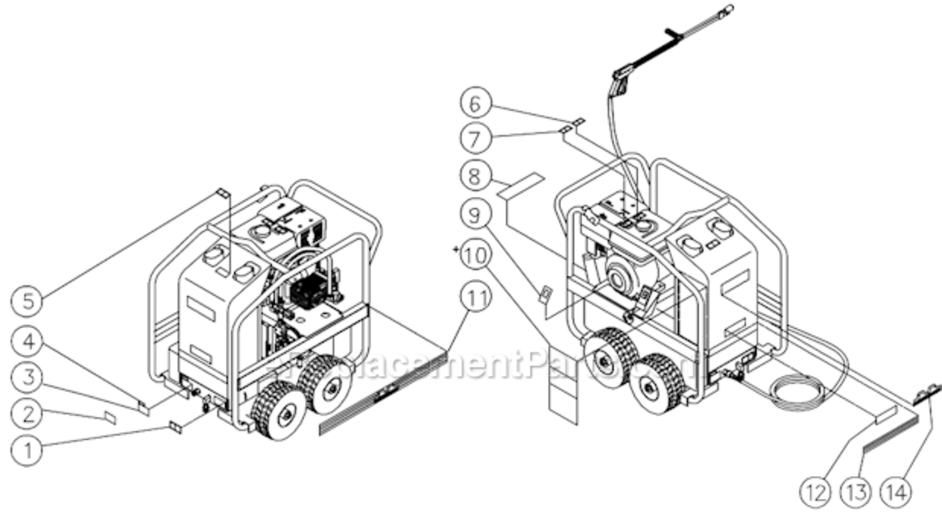 Decal Placement Diagram and Parts List for HSP-3004-3MGH  Mi-T-M Pressure Washer