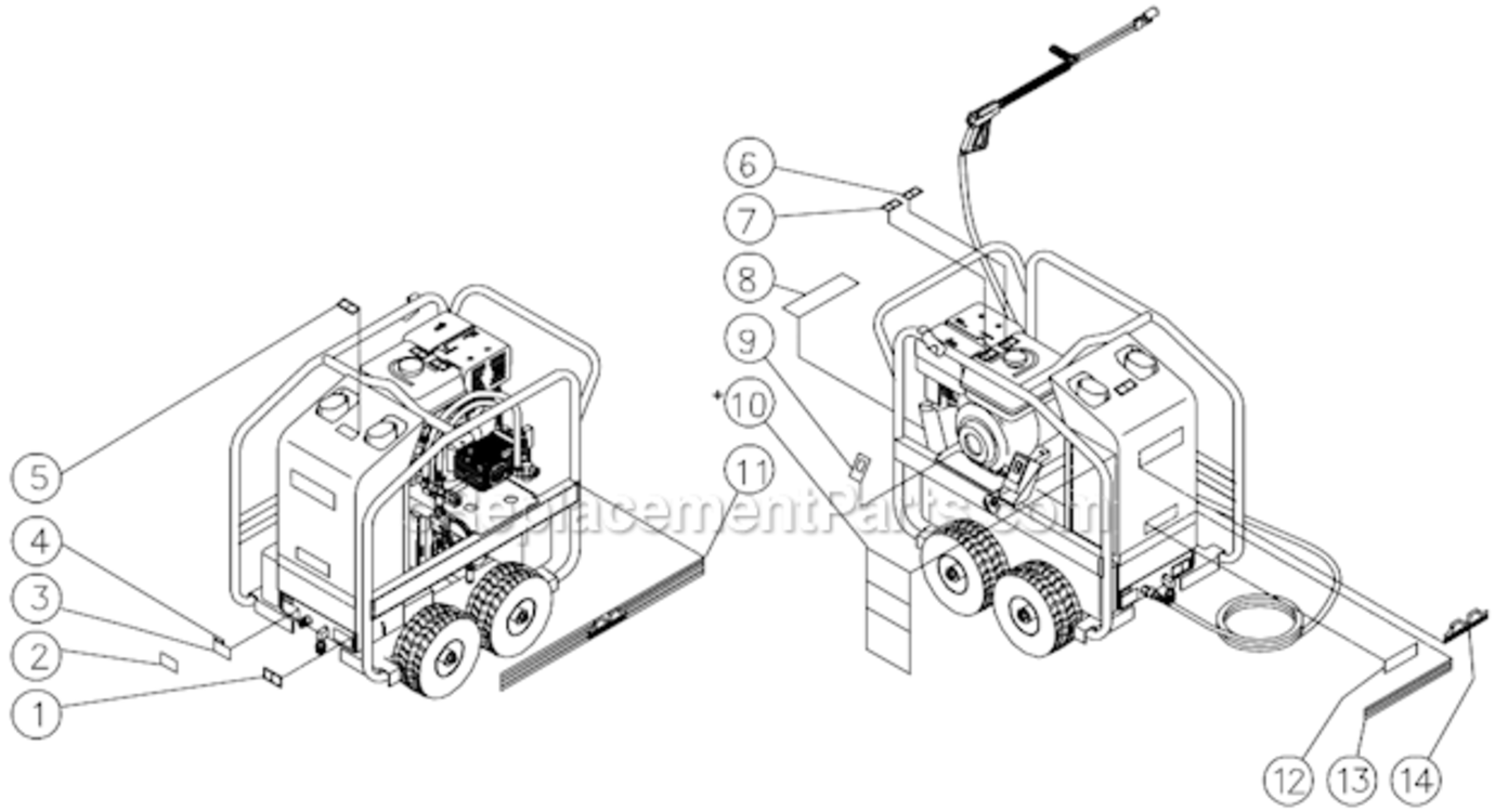 Decal Placement Diagram and Parts List for HSP-3004-3MGV  Mi-T-M Pressure Washer