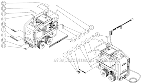 Safety Decal Placement Diagram and Parts List for HSE-2504-0M30  Mi-T-M Pressure Washer