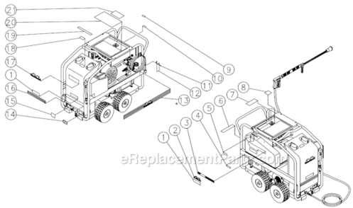 Safety Decal Placement Diagram and Parts List for HSE-3004-0M30  Mi-T-M Pressure Washer