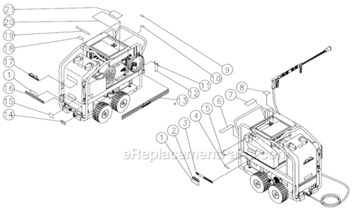 Safety Decal Placement Diagram and Parts List for HSE-3504-0M10  Mi-T-M Pressure Washer