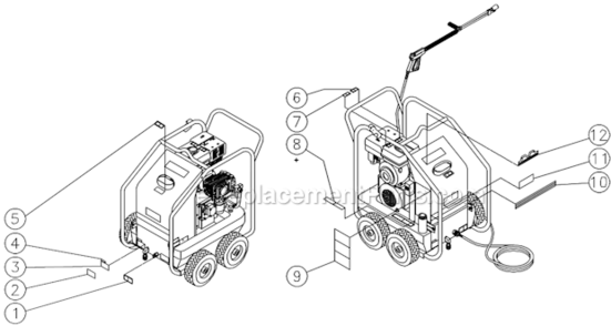 Decal Placement Diagram and Parts List for HSP-2003-3MGH  Mi-T-M Pressure Washer