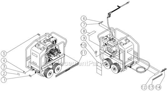 Decal Placement Diagram and Parts List for HSP-3004-1MGH  Mi-T-M Pressure Washer