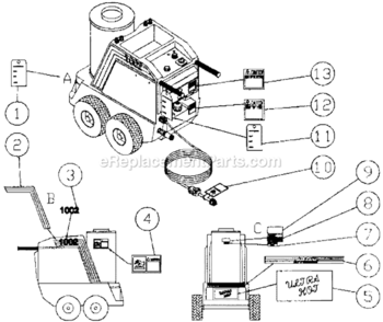Decal Placement Diagram and Parts List for HU-1002-0M12  Mi-T-M Pressure Washer