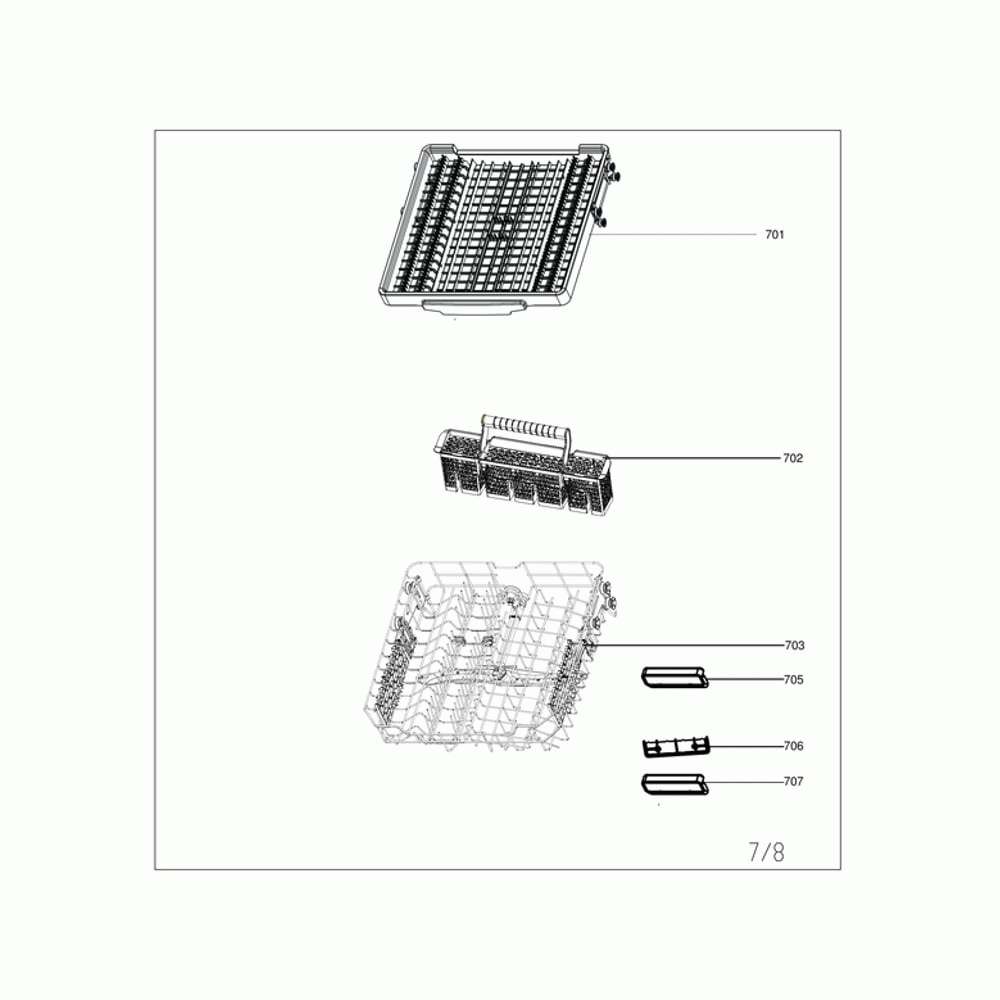 Upper Basket/Cutlery Basket Diagram and Parts List for MDT24H3AST  Midea Dishwasher