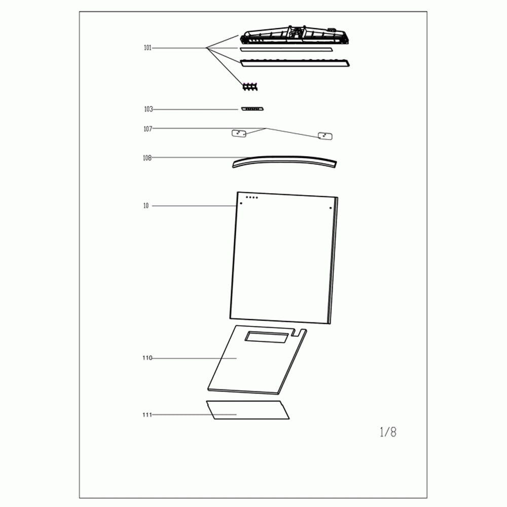 Door Assembly Diagram and Parts List for MDT24H3AST  Midea Dishwasher