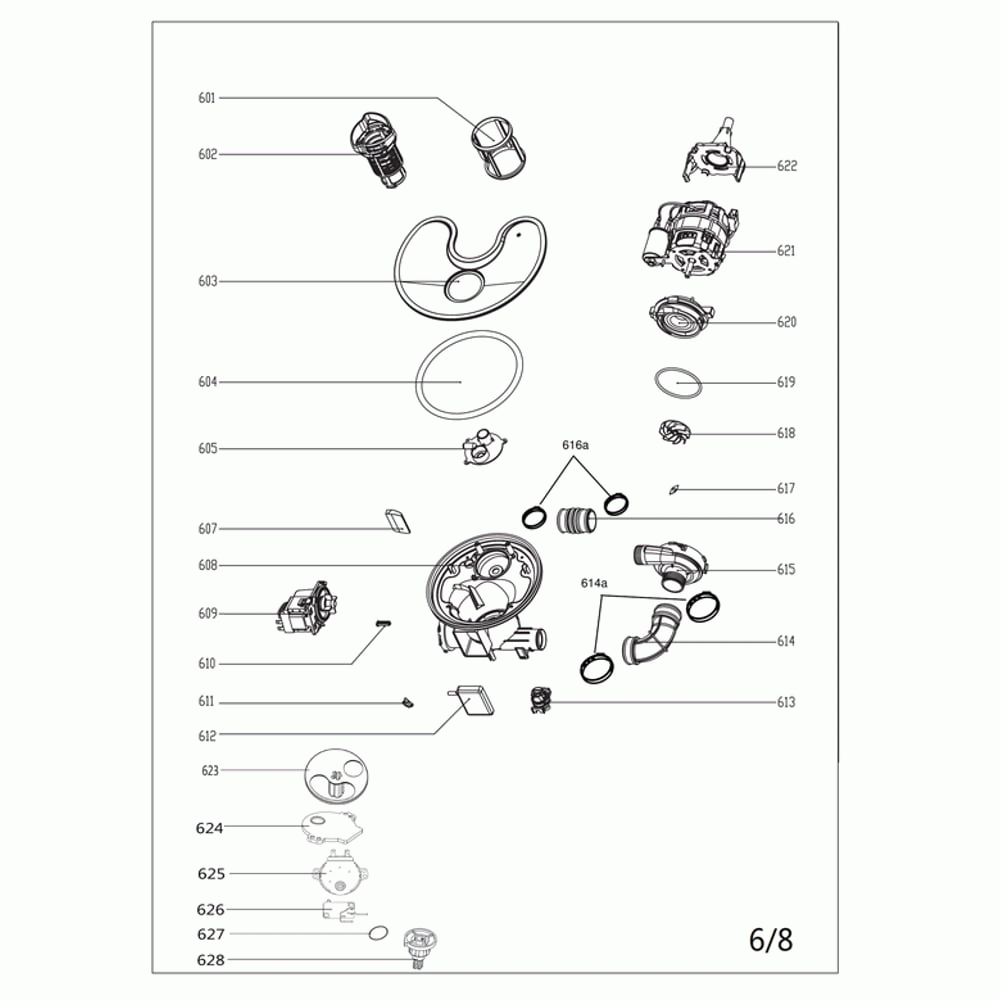 Pump/Impeller/Rear Pump Shell Diagram and Parts List for MDT24H3AST  Midea Dishwasher