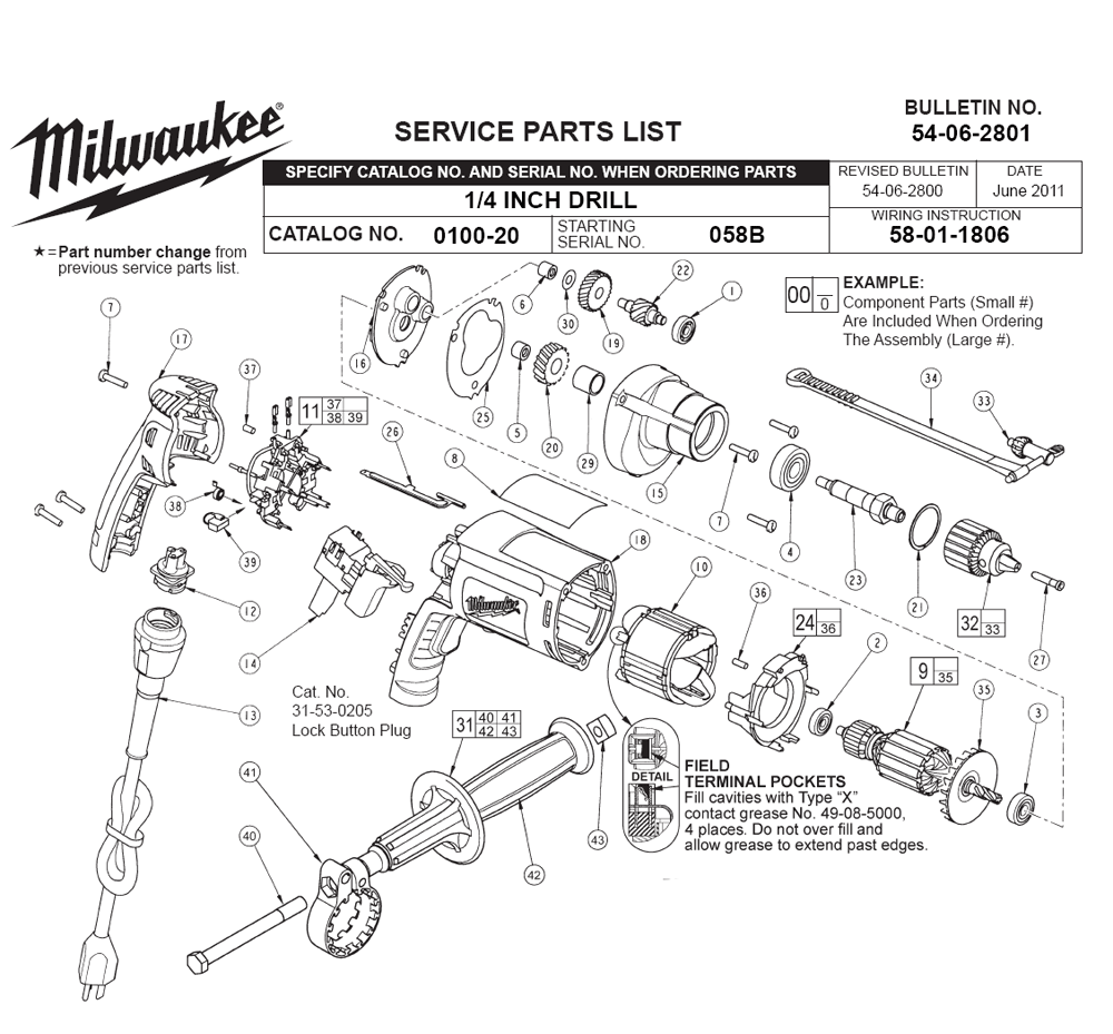 Fig-0 Diagram and Parts List for 0100-20 058B Milwaukee Electric Drill