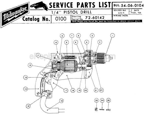 Page A Diagram and Parts List for 0100 SER 72-60142 Milwaukee Electric Drill