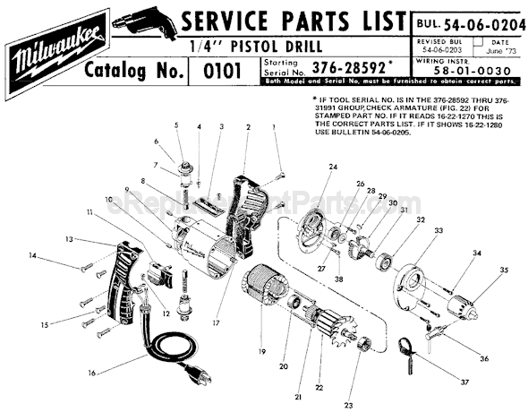 Page A Diagram and Parts List for 0101 SER 376-28592 Milwaukee Electric Drill