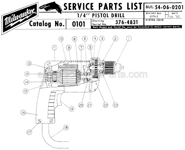 Page A Diagram and Parts List for 0101 SER 376-4831 Milwaukee Electric Drill