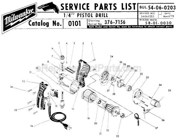 Page A Diagram and Parts List for 0101 SER 376-7156 Milwaukee Electric Drill