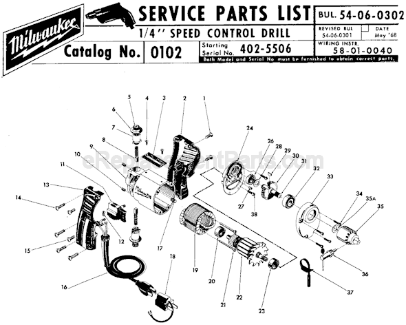 Page A Diagram and Parts List for 0102 SER 402-5506 Milwaukee Electric Drill