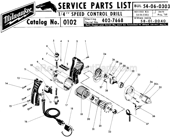 Page A Diagram and Parts List for 0102 SER 402-7668 Milwaukee Electric Drill