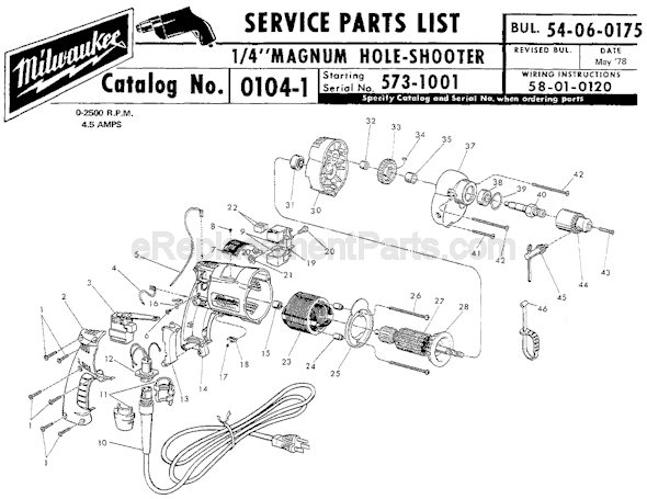 Page A Diagram and Parts List for 0104-1 SER 573-1001 Milwaukee Electric Drill