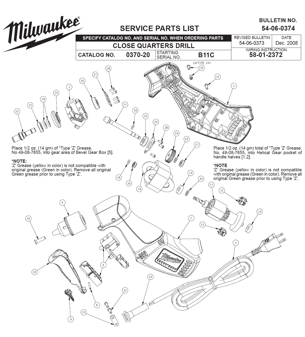 Fig-0 Diagram and Parts List for 0370-20 B11C Milwaukee Electric Drill