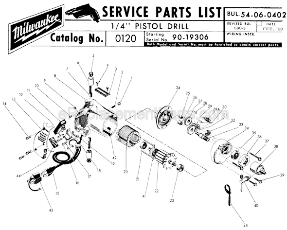 Page A Diagram and Parts List for 0120 SER 90-19306 Milwaukee Electric Drill
