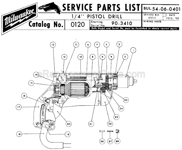 Page A Diagram and Parts List for 0120 SER 90-3410 Milwaukee Electric Drill